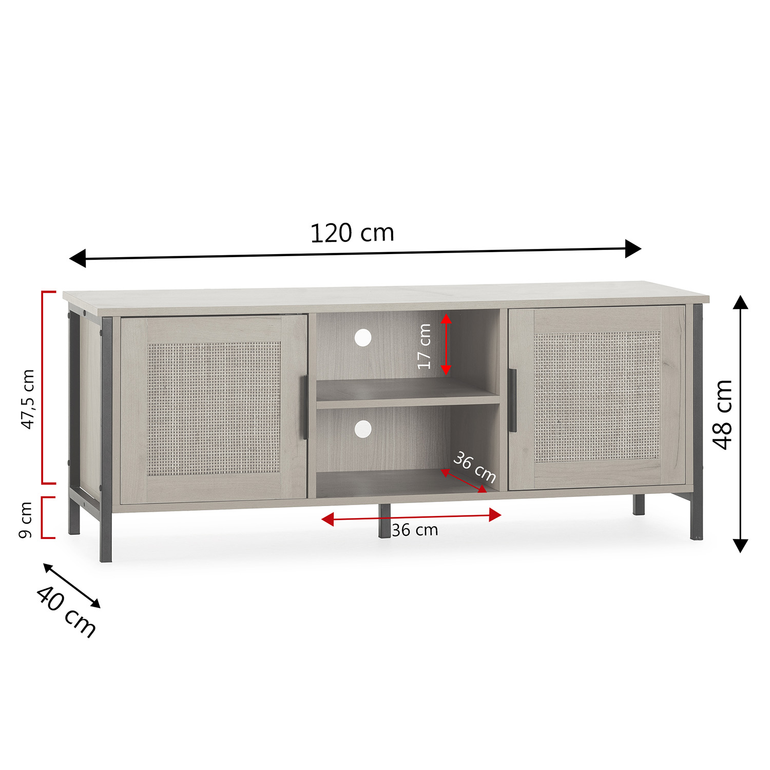 Meuble Tv Cruz 2 Portes Couleur Chêne Avec Rotin Naturel, 120 Cm