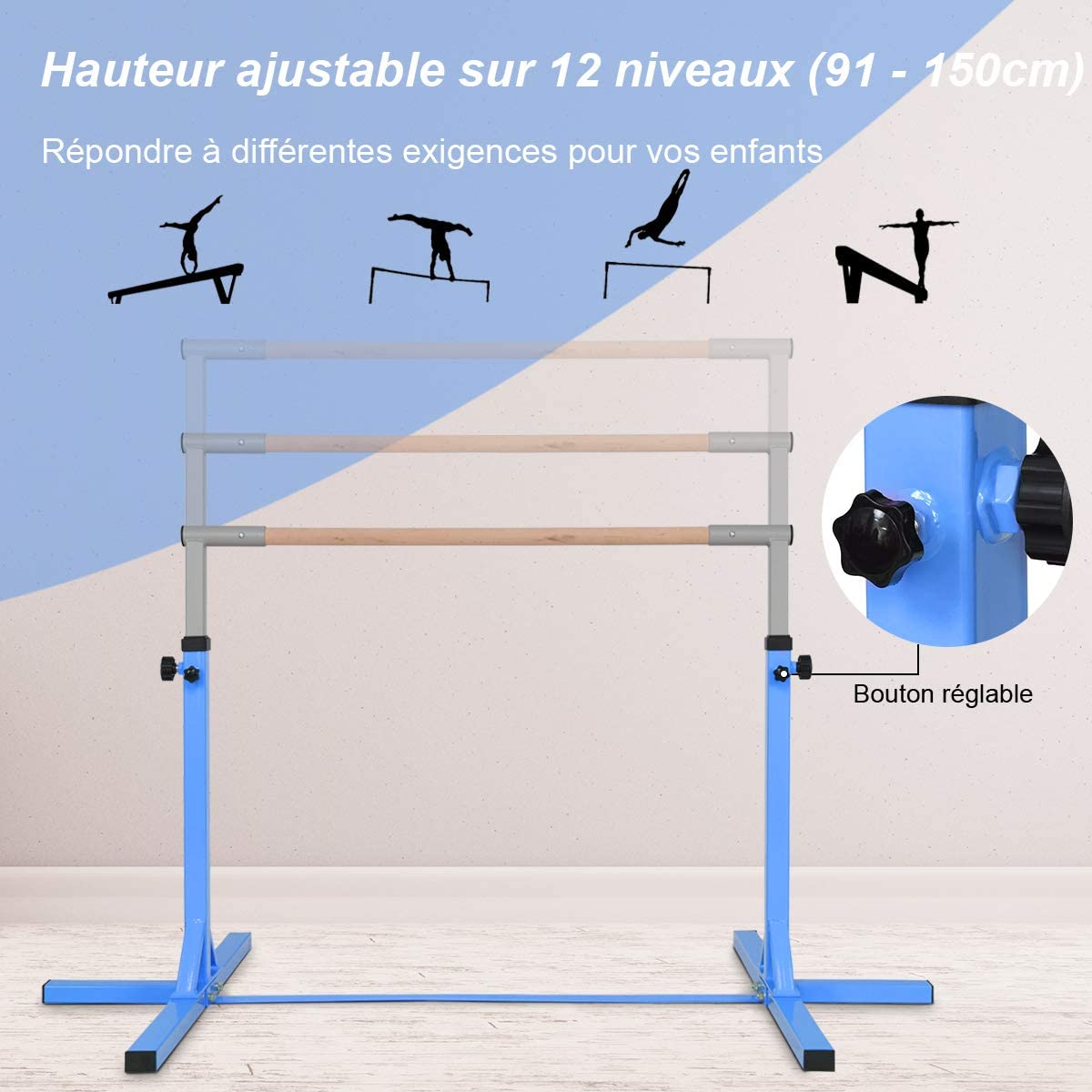Costway  Barre De Gymnastique Hauteur En Acier Réglable De 91 À 150cm Capacité De Poids 100kg Pour Ecole