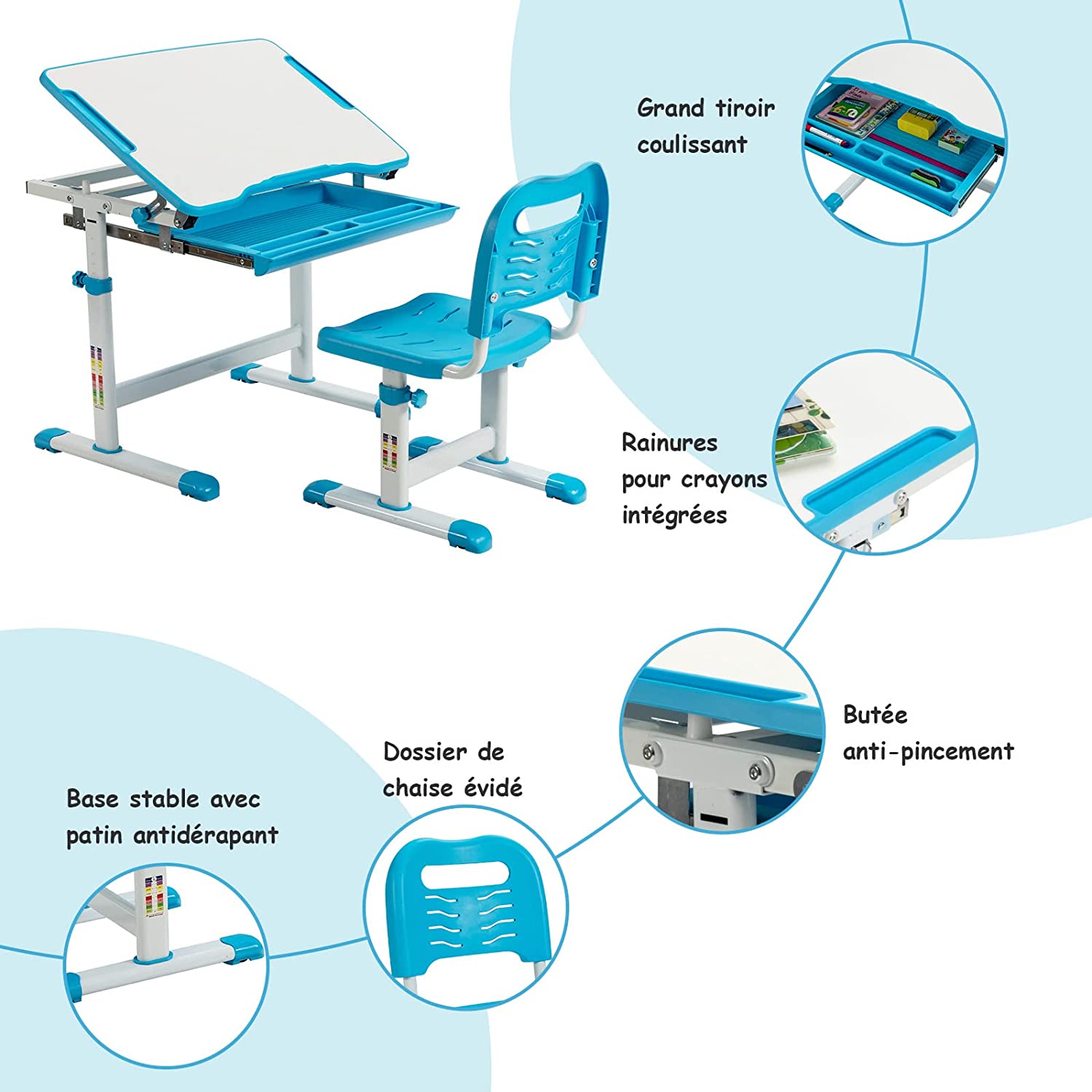 Bureau Enfant Réglable 80 Cm Rose – Hauteur 51-73 Cm, Plateau Inclinable 0-60°, Tiroir & Support Lecture