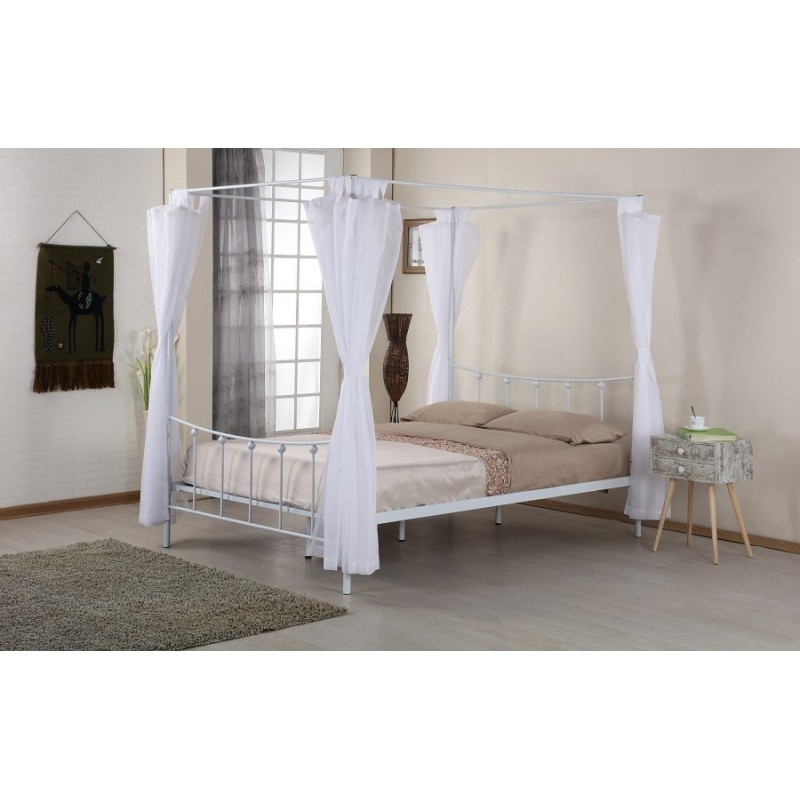 Lit Baldaquin 140 X 200 Cm En Métal Coloris Blanc Et Voilage Blanc Inclus.