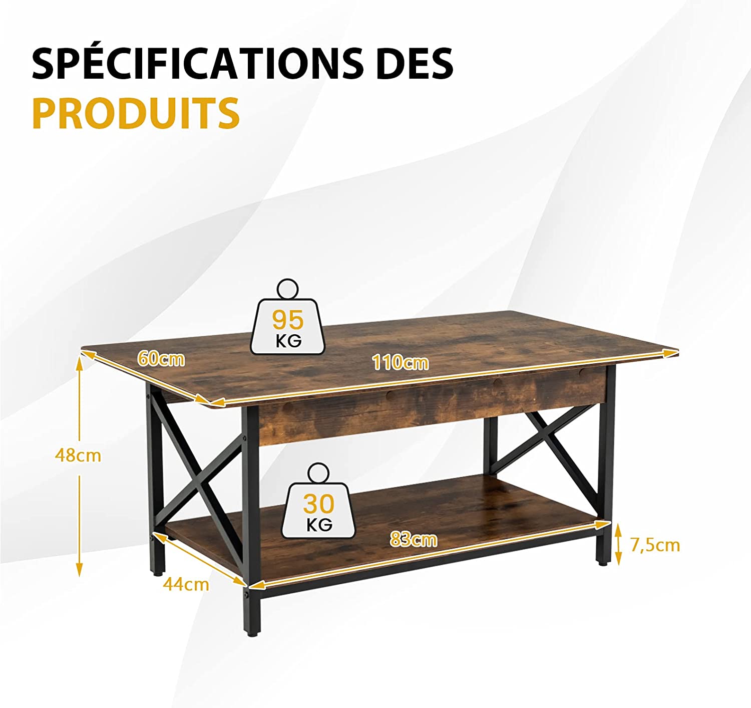 Costway Table Basse À 2 Niveaux, 110 X 60 X 48 Cm, Avec Cadre Métallique En Forme X, Pieds Réglables