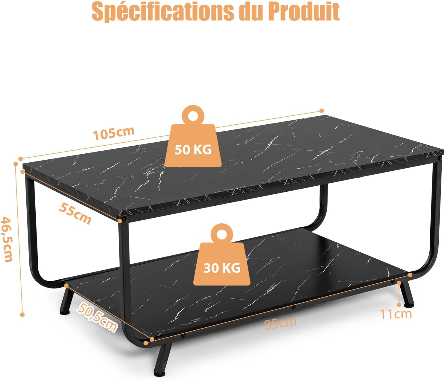 Costway Table Basse Moderne En Faux Marbre Noir À 2 Niveaux Avec Étagère Et 4 Pieds