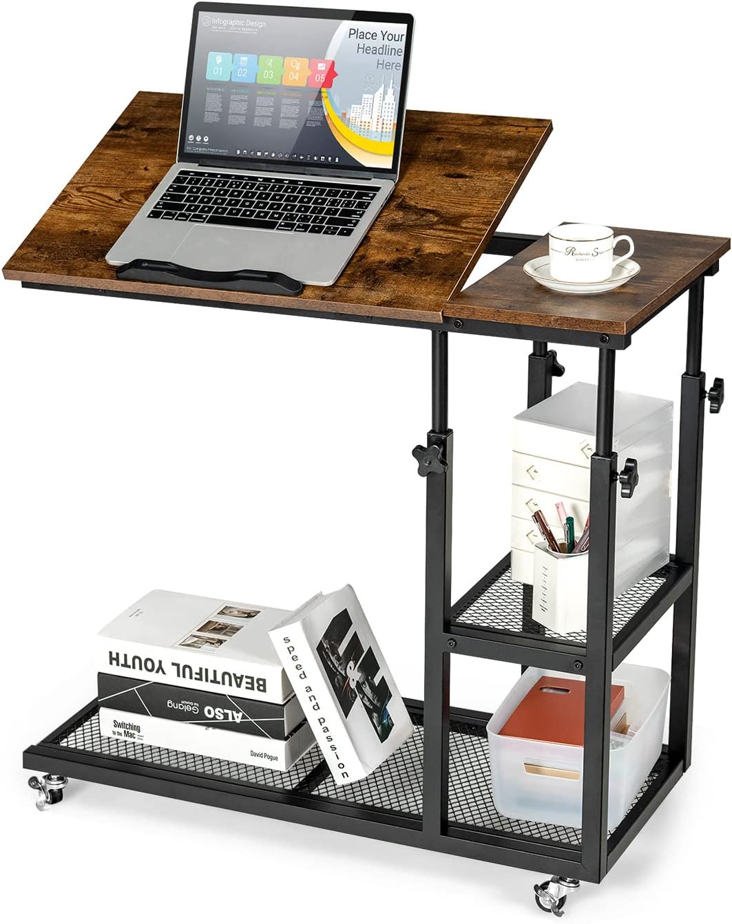 Costway Table D’appoint En Forme De C, Plateau Réglable, Roulettes Verrouillables