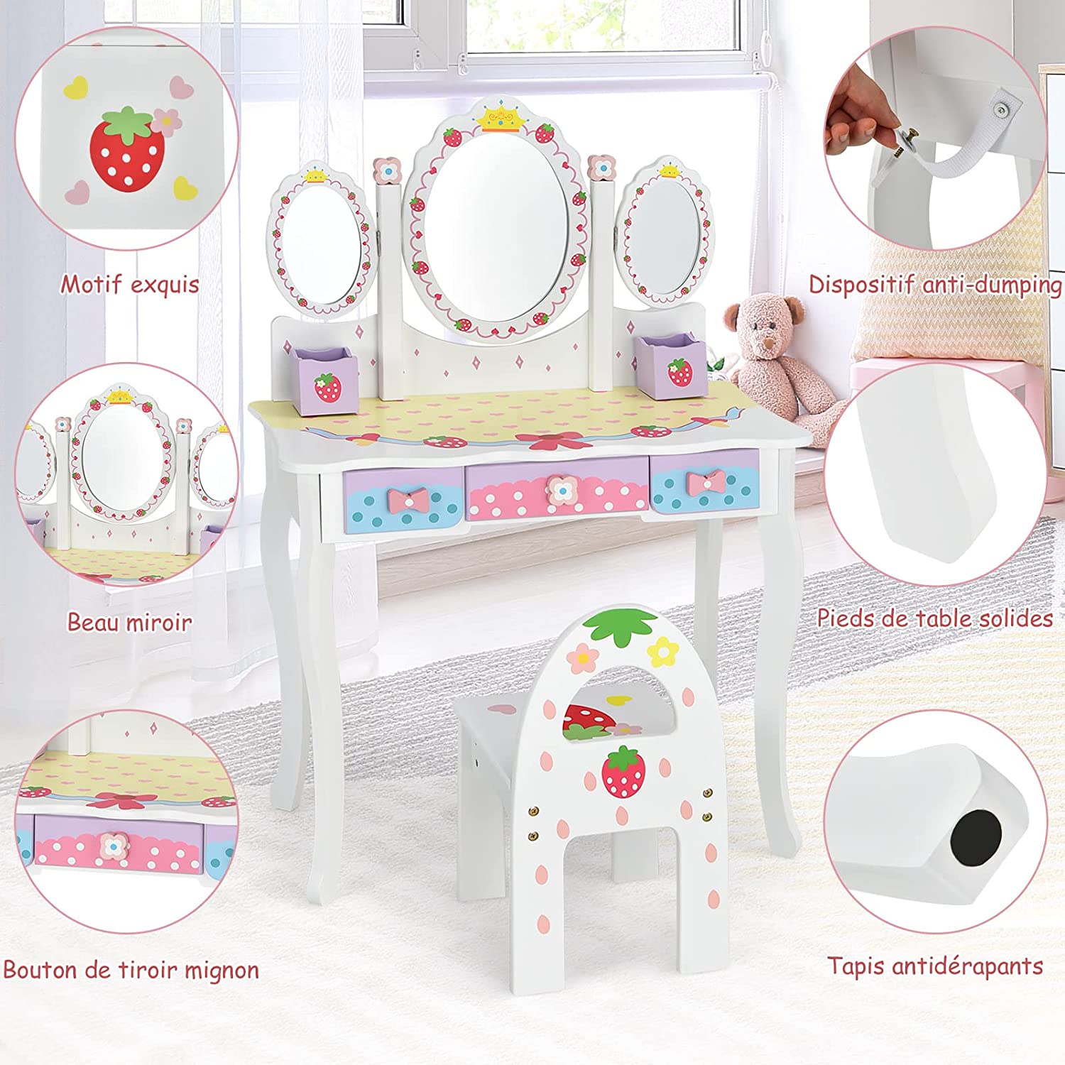 Coiffeuse Pour Enfants Avec Miroir Amovible - 3 Tiroirs - 2 Boîtes - Convertible Bureau