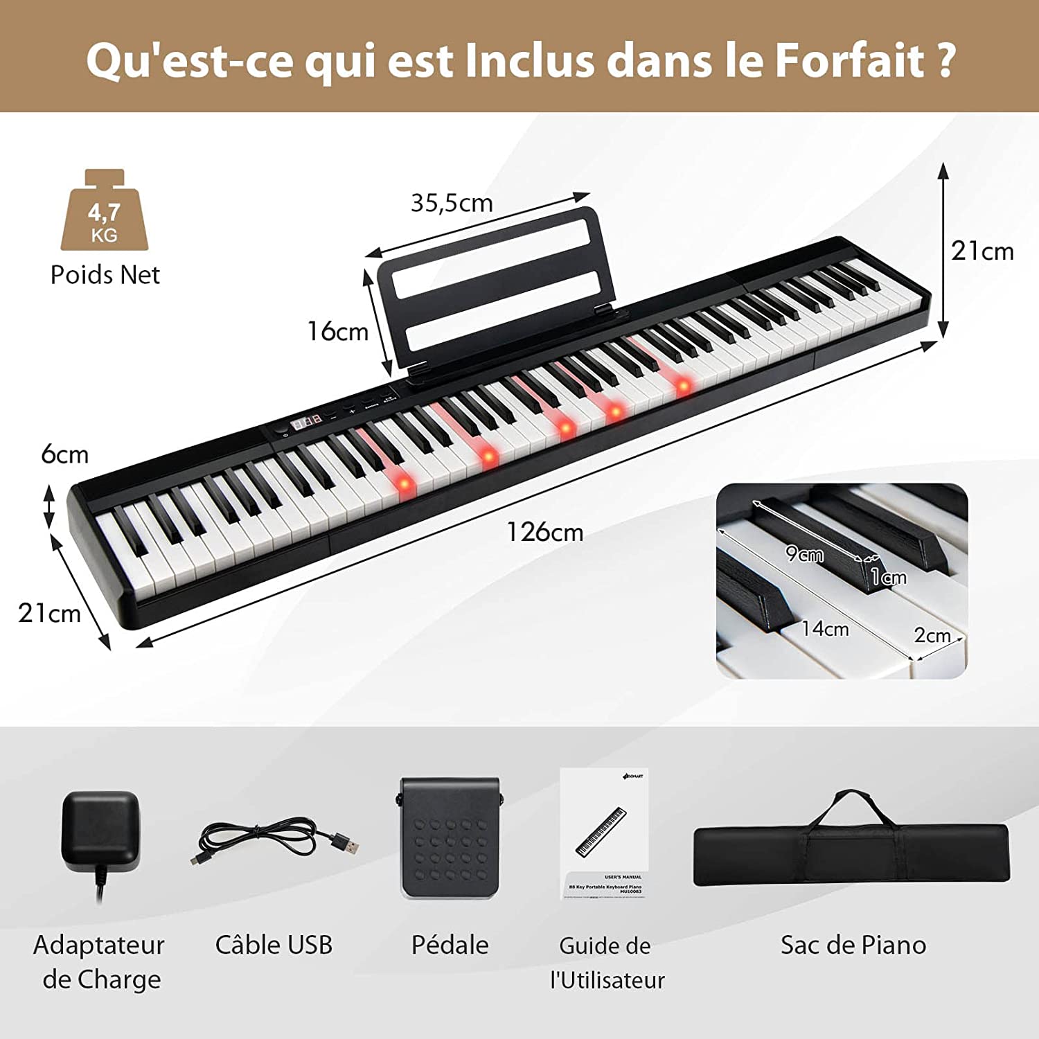 Clavier Numérique Piano 88 Touches Portable Avec Fonction Bluetooth