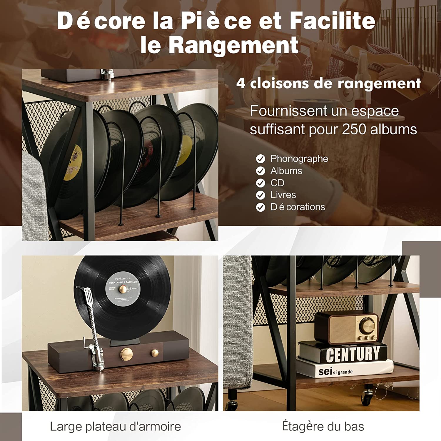 Coatway Desserte À Roulettes Avec Support De Tourne-disque Pour 250 Albums