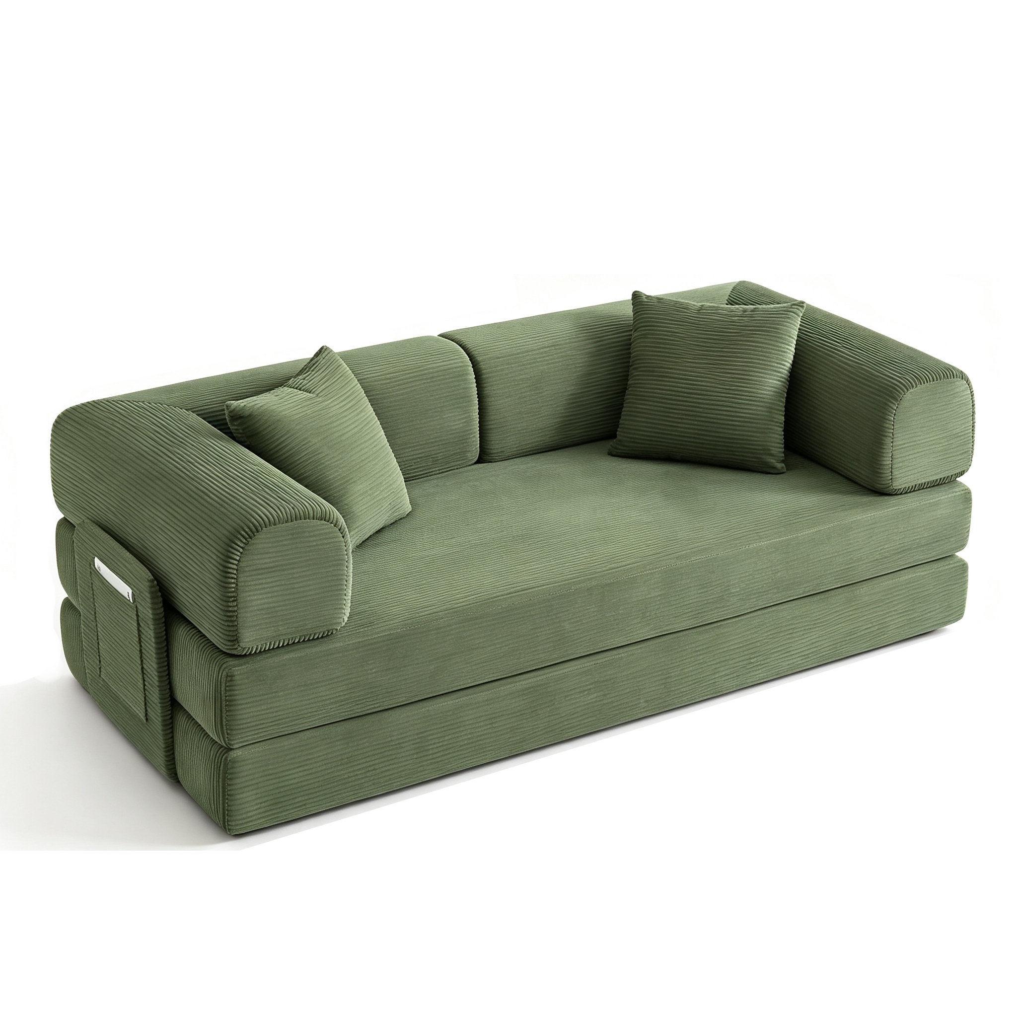 Canapé convertible vert sur fond blanc