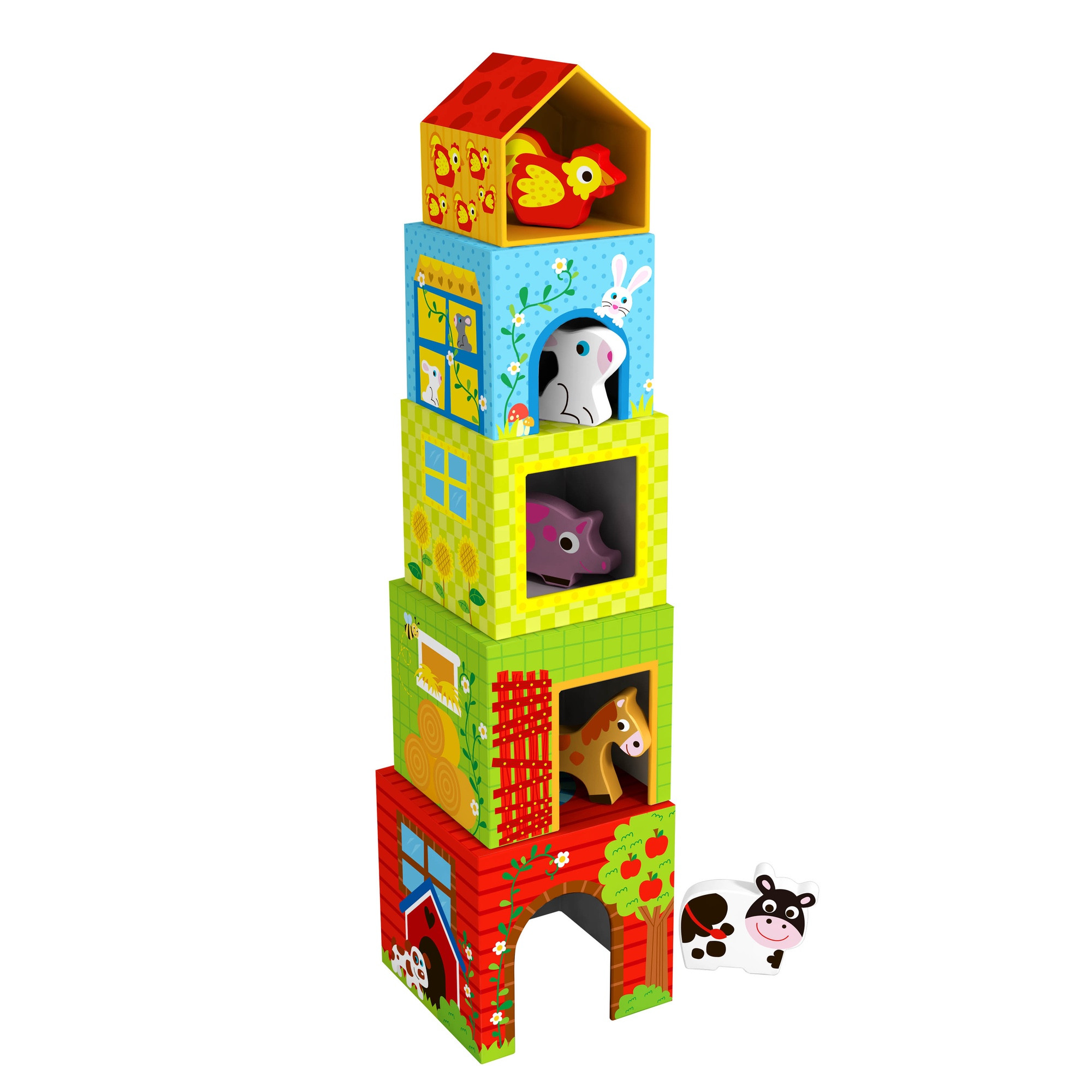 Pyramide D'éveil Janod - Cubes à Empiler Animaux Ferme + Poule En Bois - Jouet 1 An Et Plus - Développe Motricité