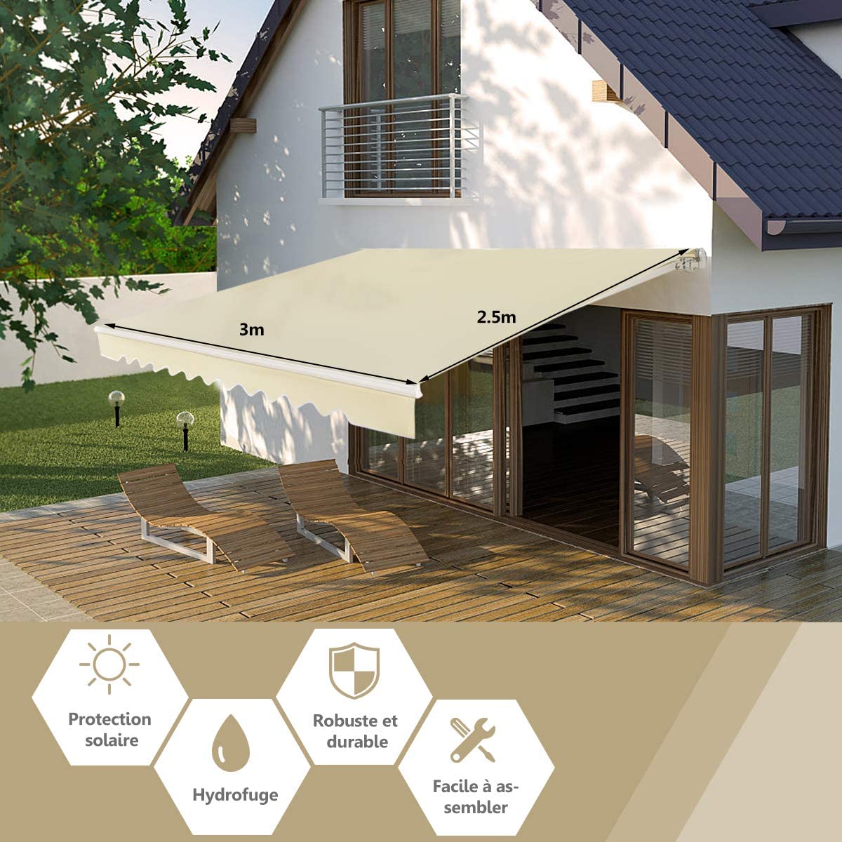 Store Banne De Balcon Rétractable Costway 3,6 X 3 M 