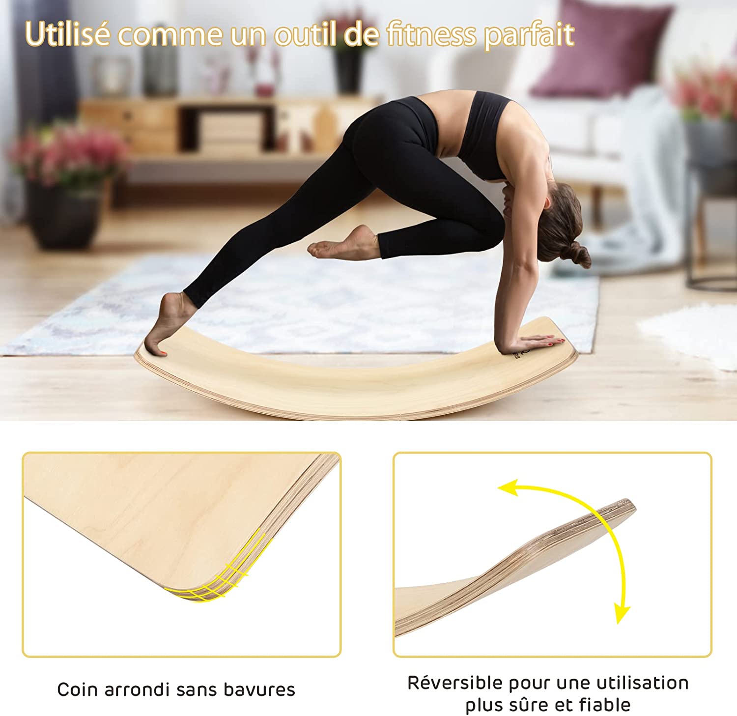 Planche À Bascule En Bois Incurvée Avec Feutre Charge 220kg Pour Yoga