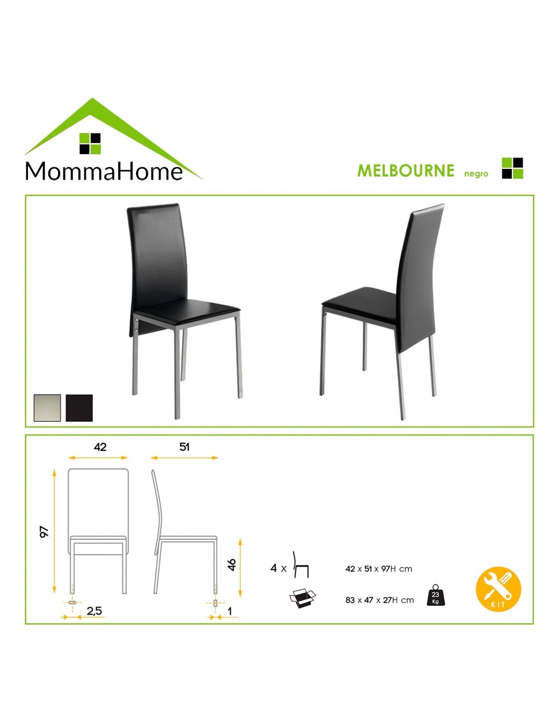 Momma Home - 4 X Chaises De Cuisine Melbourne En Simili-cuir Noir