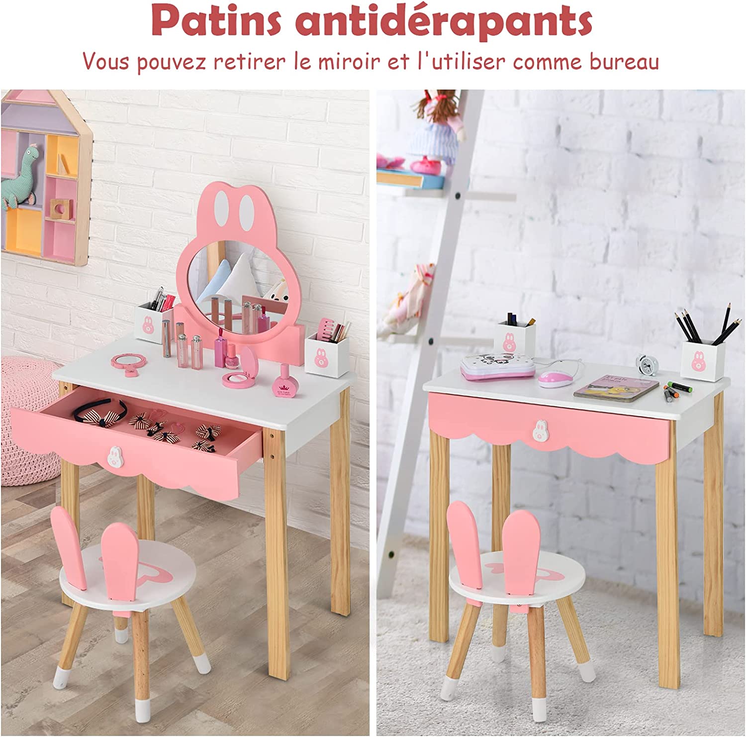 Coiffeuse Avec Tabouret Pour Enfants - Miroir Amouvible - 1 Tiroirs - 2 Boîtes De Rangement
