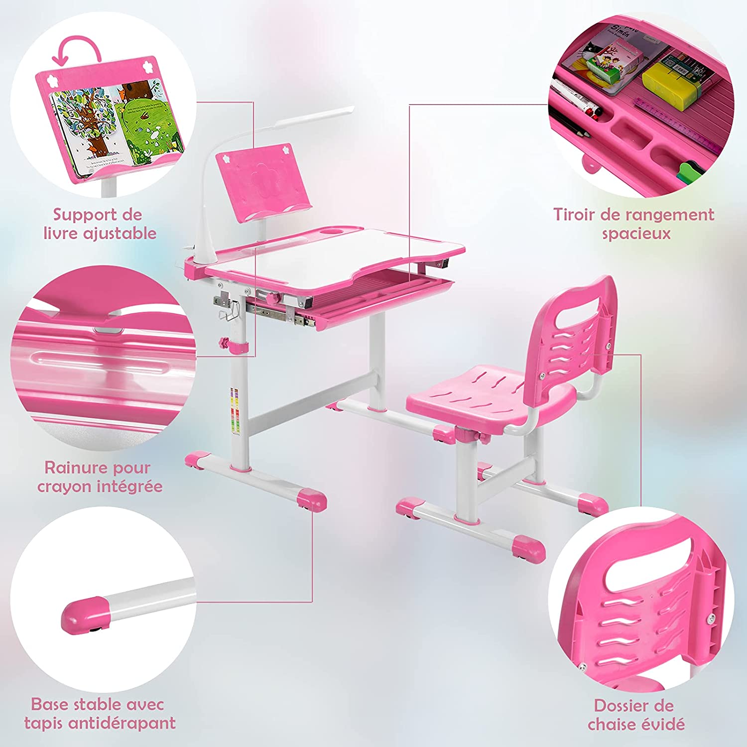 Ensemble Bureau Et Chaise Pour Enfants Avec Éclairage Led, Plateau Incliné Et Tiroir Coulissant