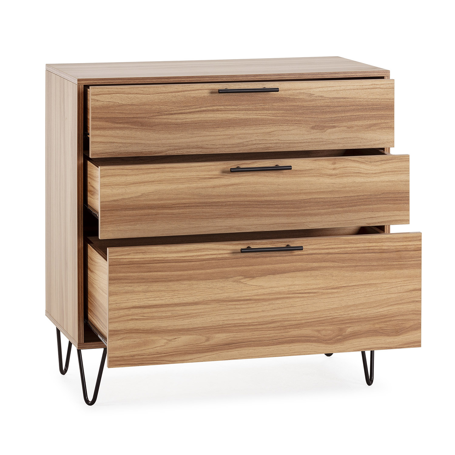 Commode De Nuit Alma 3 Tiroirs, Coloris Bois, Pieds Métal
