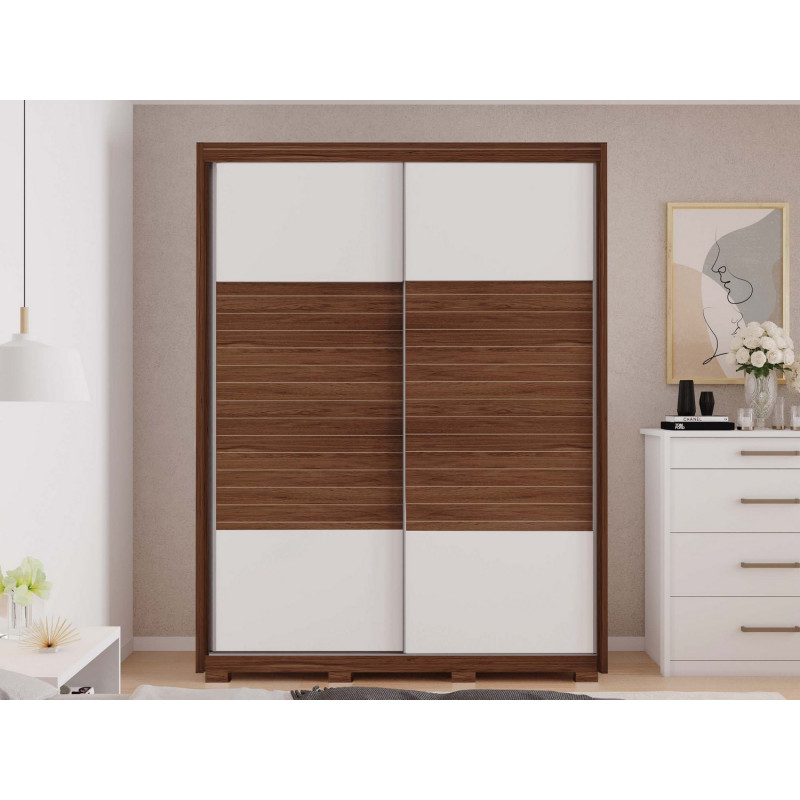 Armoire Dressing 2 Portes Coulissantes Blanche Et Wengé 10 Niches à