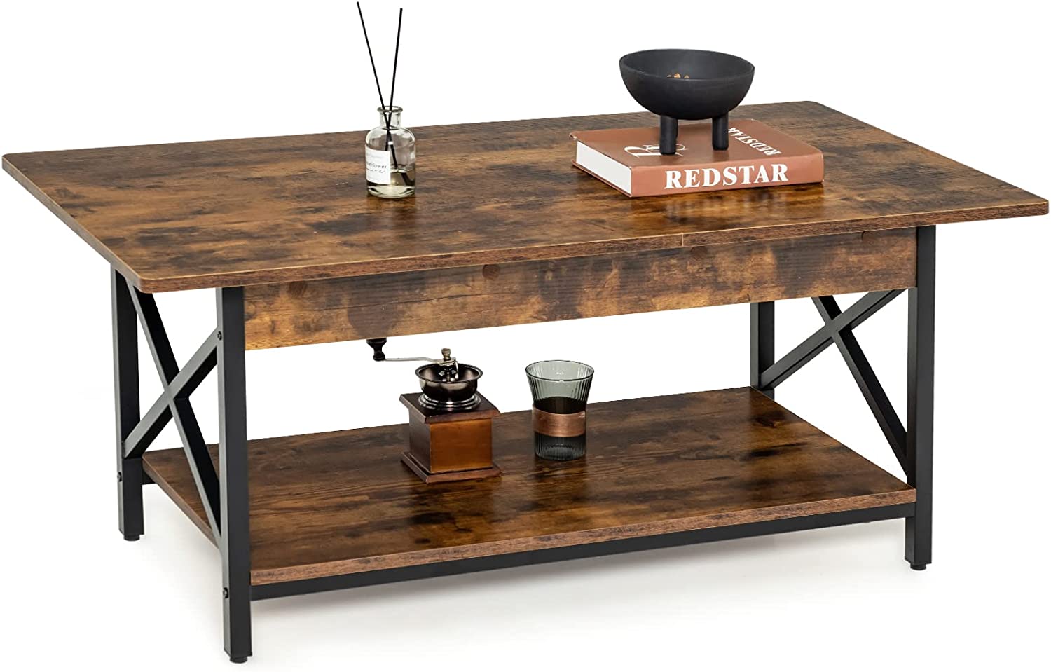 Costway Table Basse À 2 Niveaux, 110 X 60 X 48 Cm, Avec Cadre Métallique En Forme X, Pieds Réglables