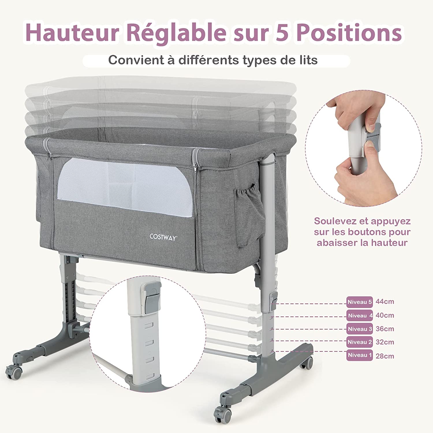 Lit Cododo Bébé 3 En 1 Avec Hauteur Réglable 5 Niveaux, Lit Berceau Inclinaison De 10° Avec Matelas Confortable