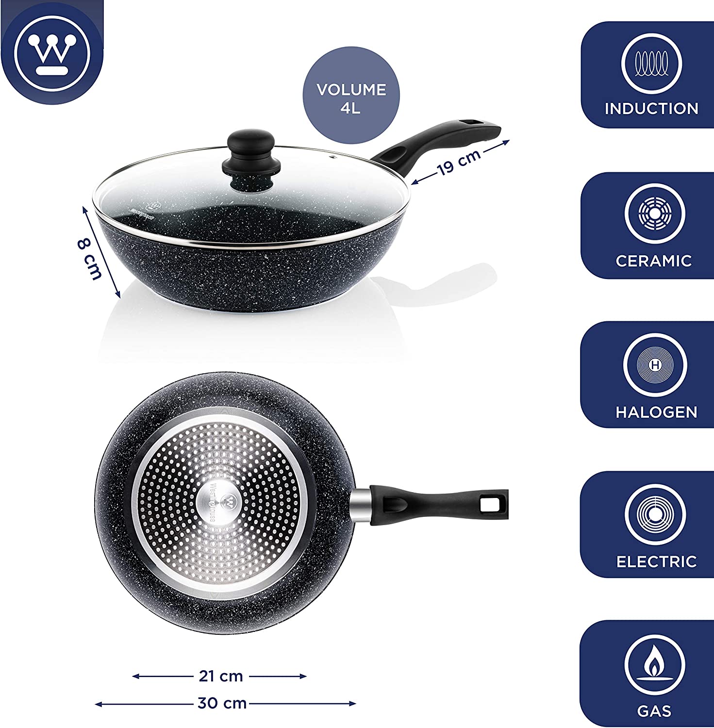 Westinghouse - Poêle Wok 30 Cm - Avec Couvercle - Marbre Noir