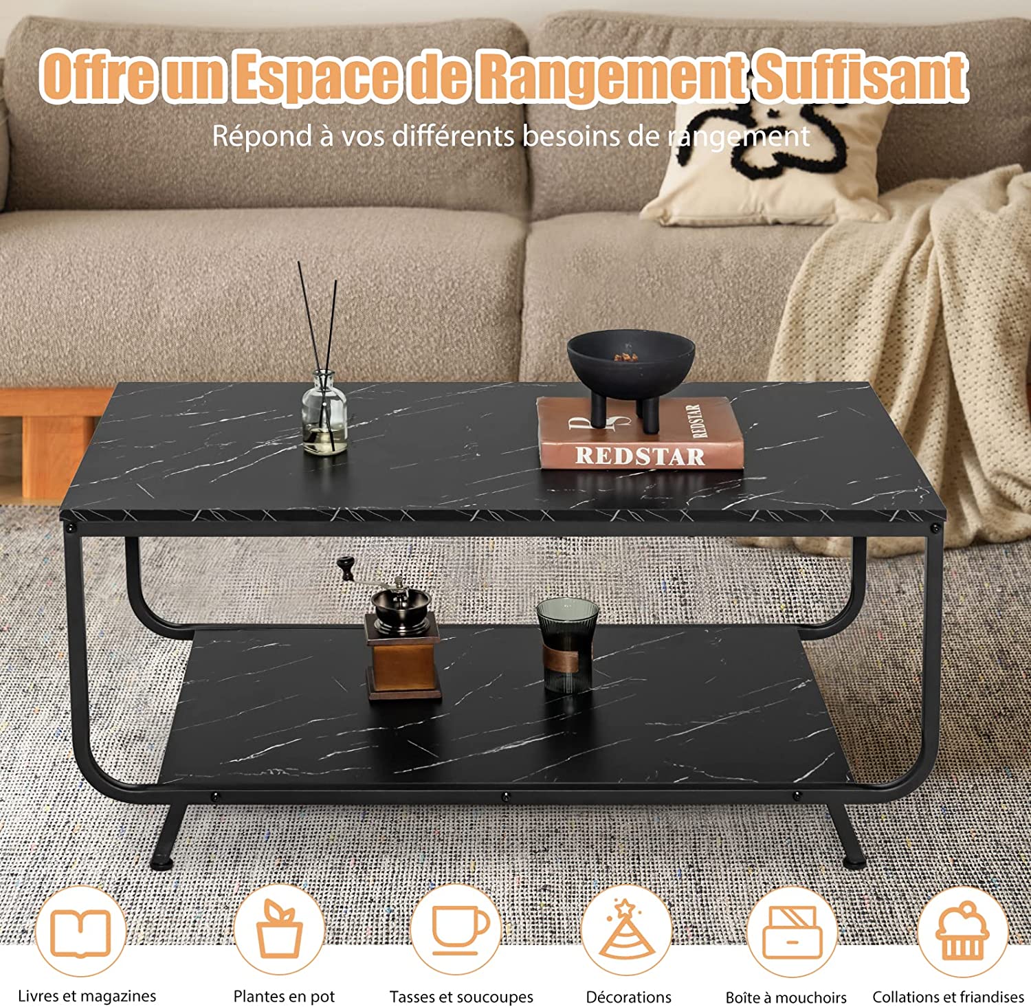 Costway Table Basse Moderne En Faux Marbre Noir À 2 Niveaux Avec Étagère Et 4 Pieds