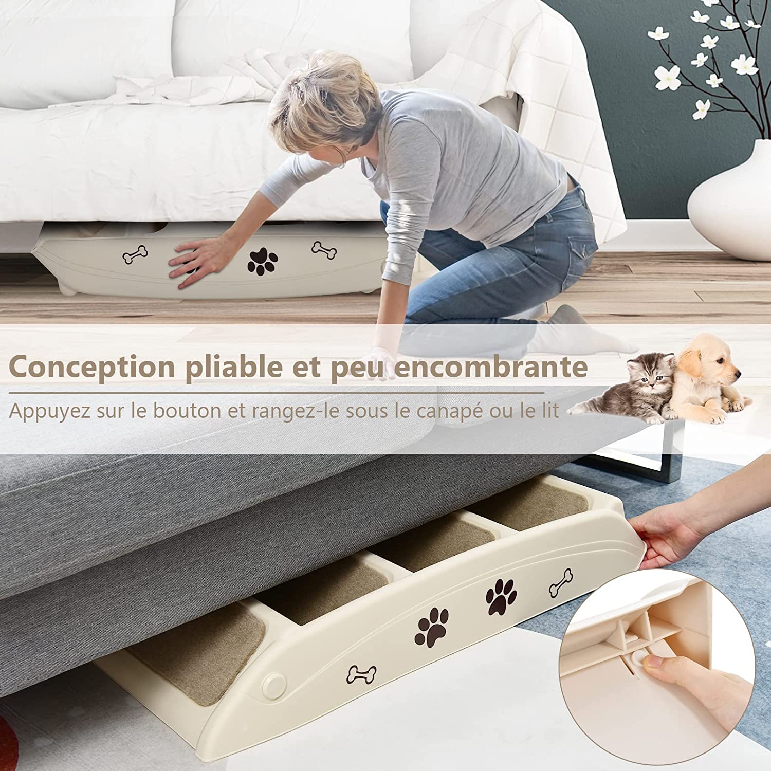 Escalier Pour Chien Pliant À 4 Marches En Plastique Charge 60kg 64 X 39 X 49 Cm