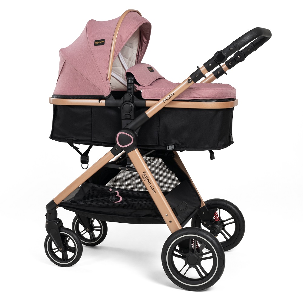 Bebelissimo - Poussette Combinée Trio 3 En 1 - Siège Auto 0m – Nacelle – Dès La Naissance – Jusqu’à 22kg – Nicea - Rose