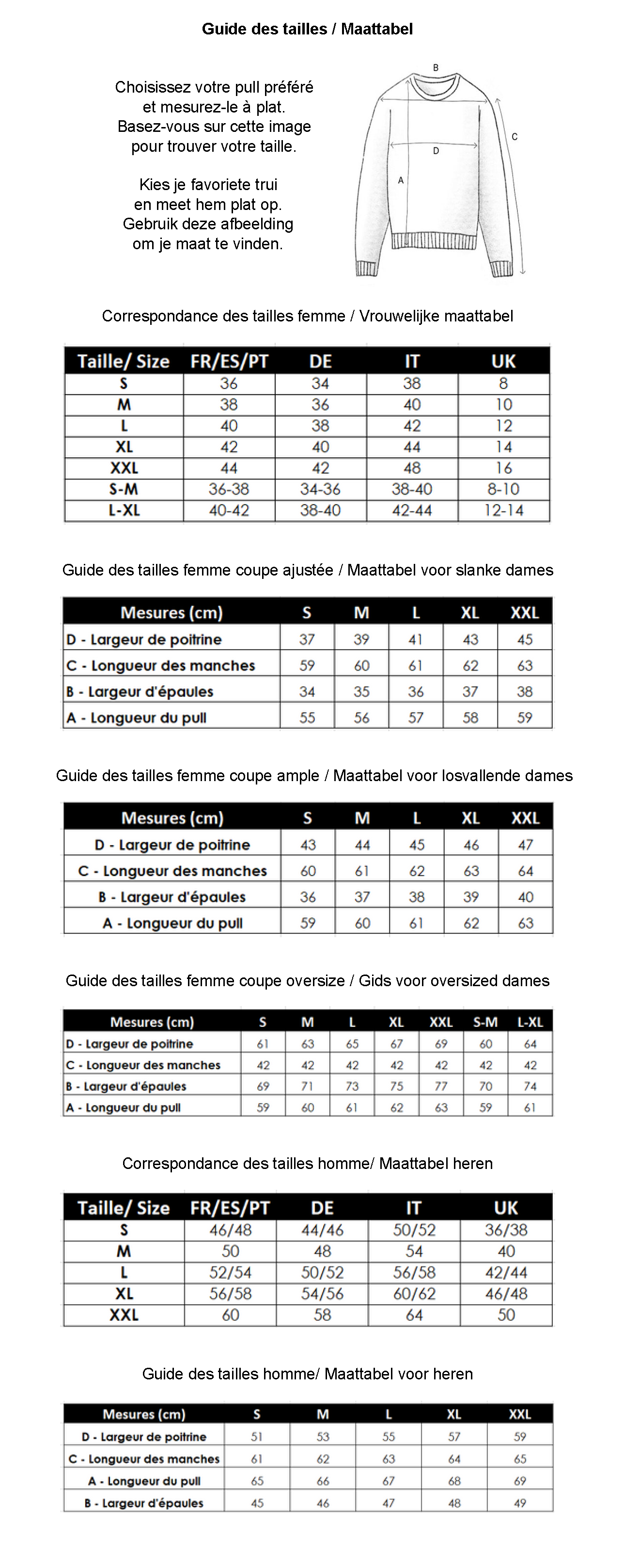 Guide des tailles avec mesures pour différentes tailles