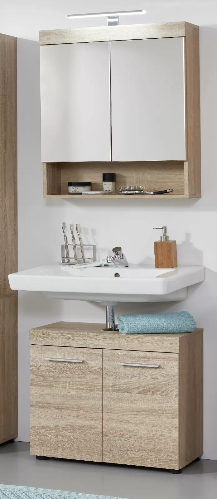 Armoire De Toilette 2 Portes Mélaminé Chêne Clair Avec Miroir Rune à