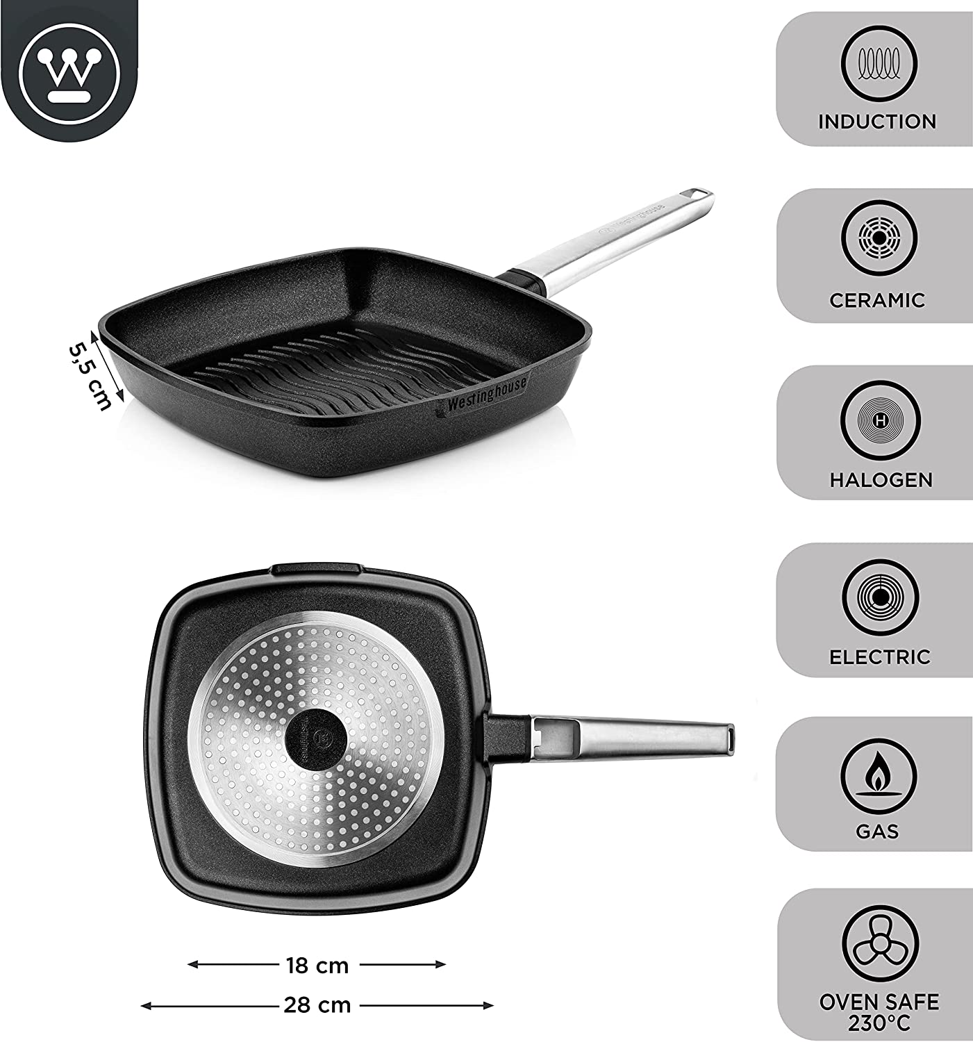 Westinghouse - Série Performance - Poêle À Griller 28 Cm - Induction - Noir