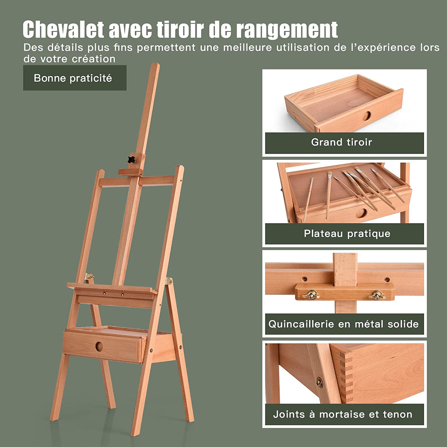 Chevalet D'artiste Sur Pied Avec Tiroir, Fait En Hêtre, Porte-toile Réglable