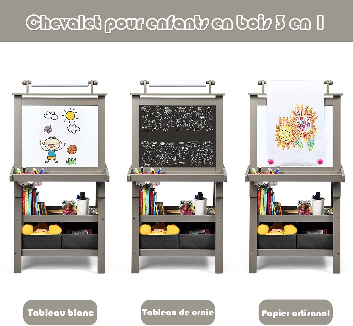 Costway Chevalet Pour Enfants 3 En 1 Tableau De Dessin Magnétique Double Faces