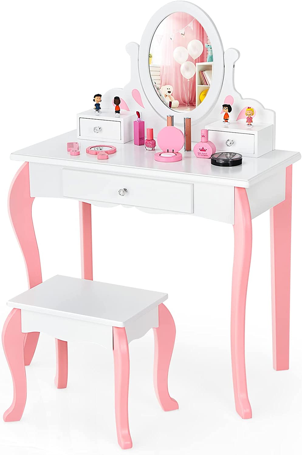 Coiffeuse Avec Tabouret Pour Enfants, Table De Maquillage En Bois Avec Miroir Pivotant À 360°