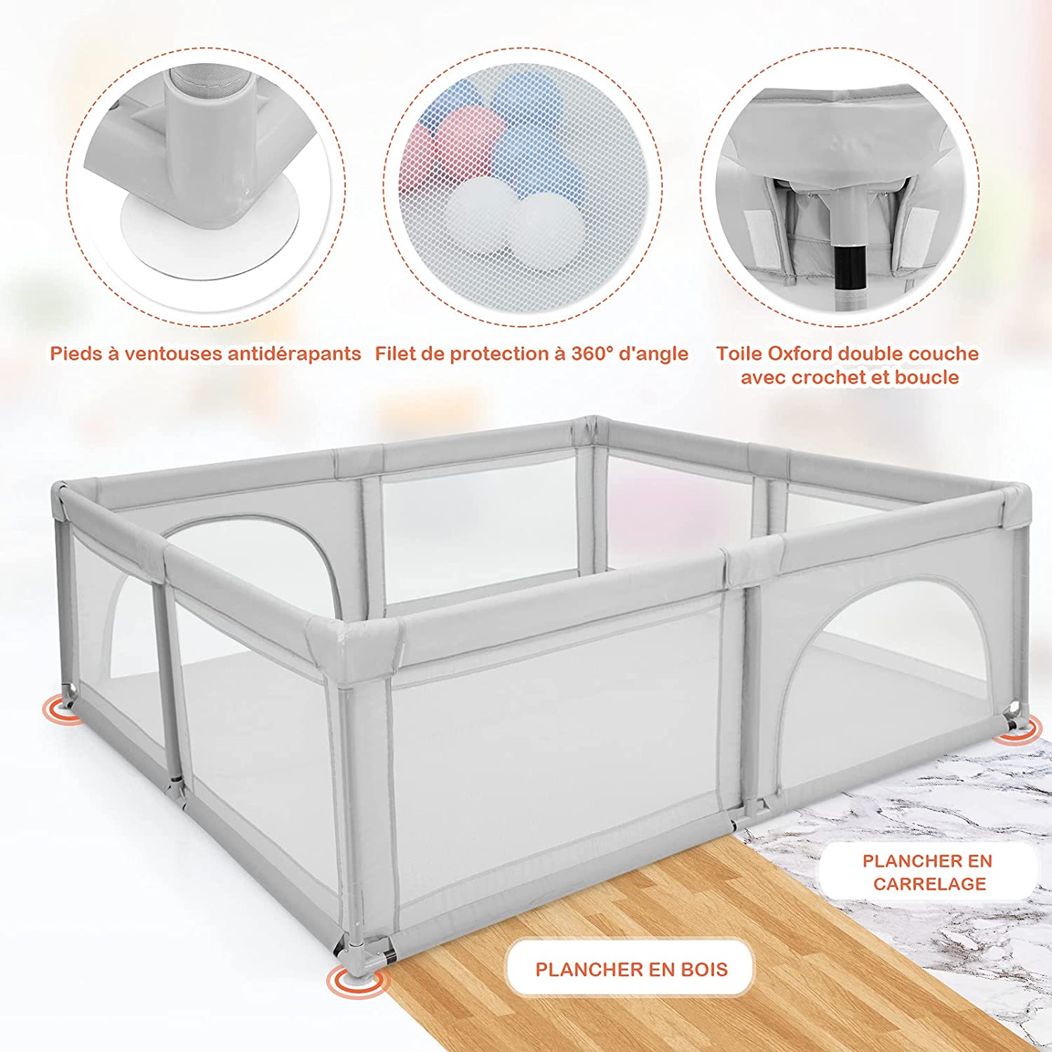 Parc De Jeu Pour Bébé Géant Avec 50 X Balles, Pieds Avec Ventouses, 206 X 185,5 X 68 Cm Gris