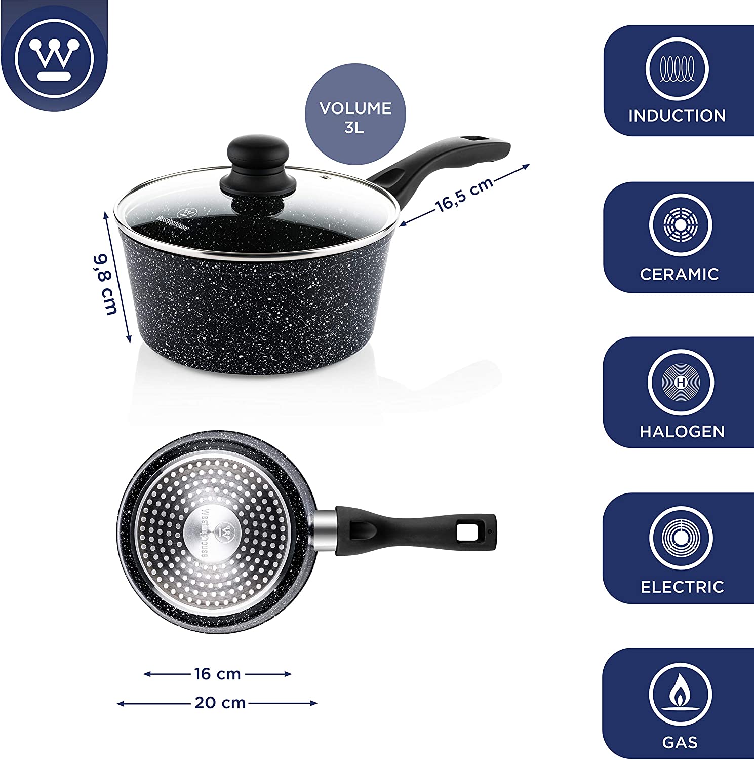 Westinghouse - Casserole 20 Cm - Induction - Marbre Noir