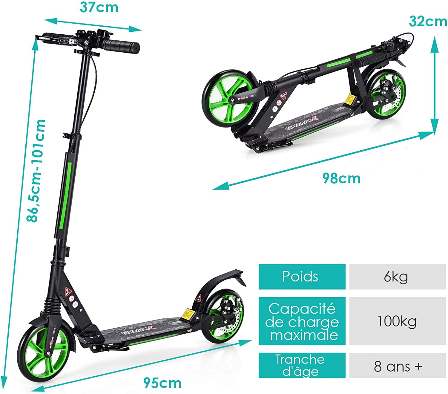 Costway Trottinette Pliable Avec Frein À 2 Roues Pour Enfant Plus De 8 Ans Hauteur Réglable En 3 Positions Fait