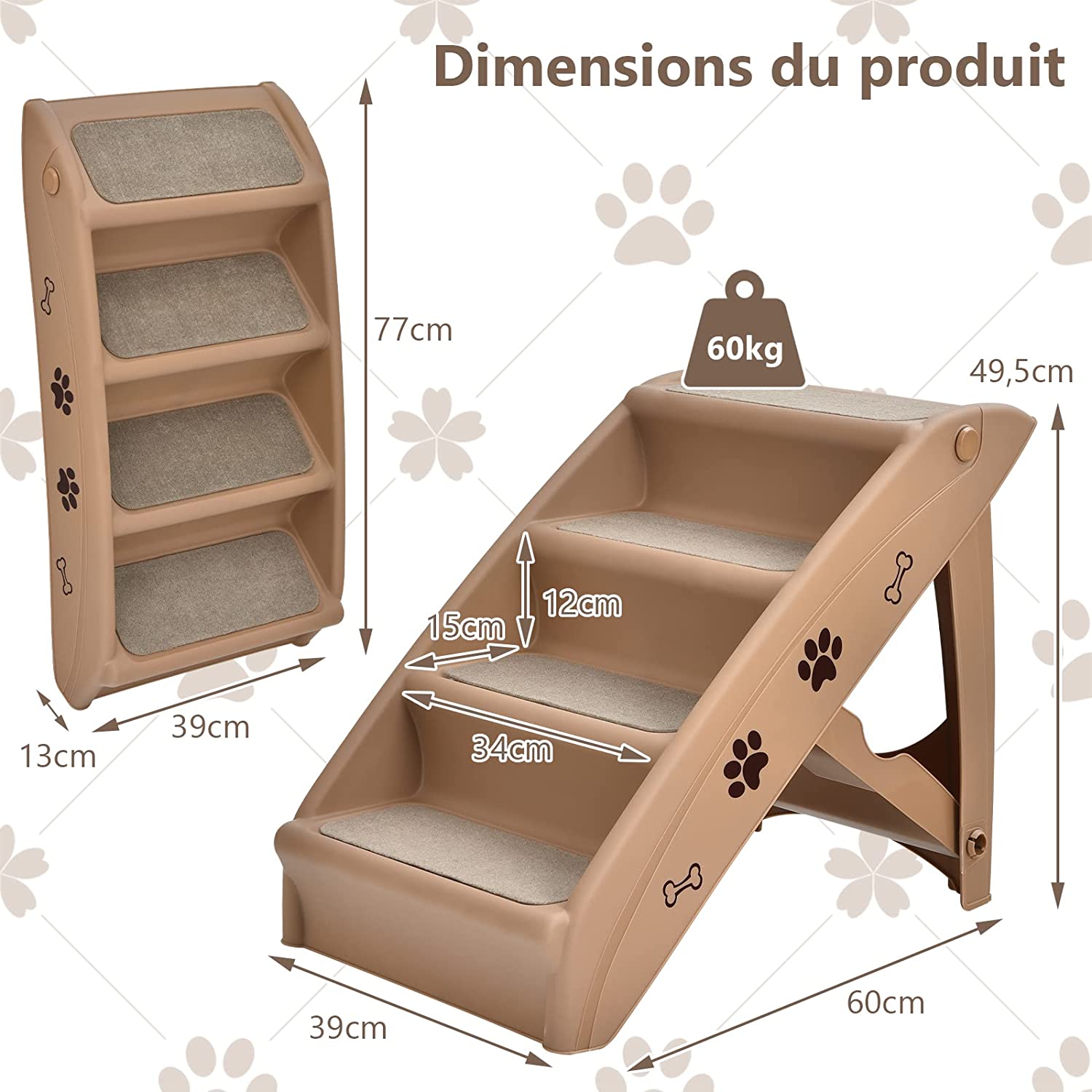 Escalier Pour Chien Pliant À 4 Marches En Plastique Charge 60kg 64 X 39 X 49 Cm