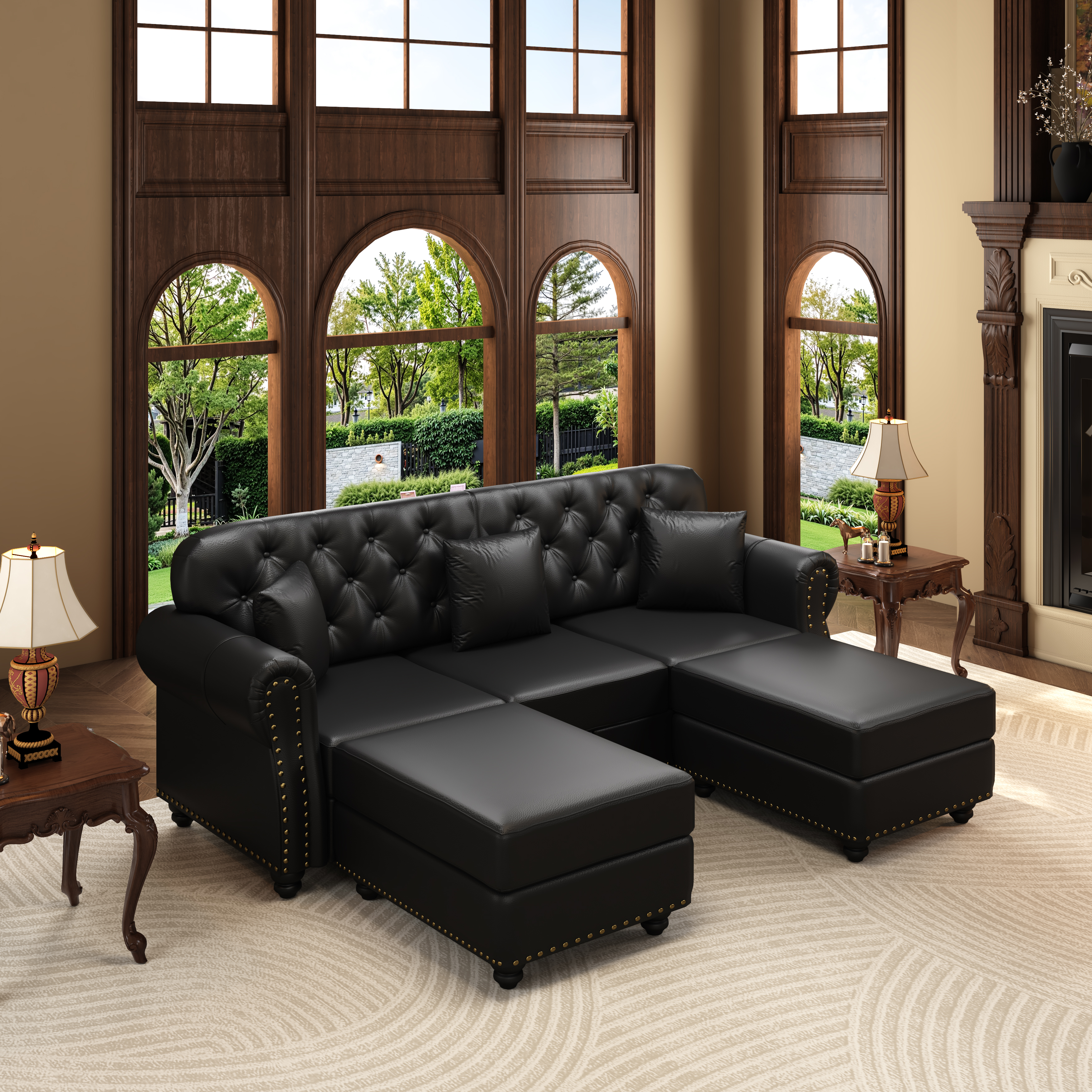 Canapé style Chesterfield 3 places + 2 poufs en revêtement simili cuir noir, 210 cm
