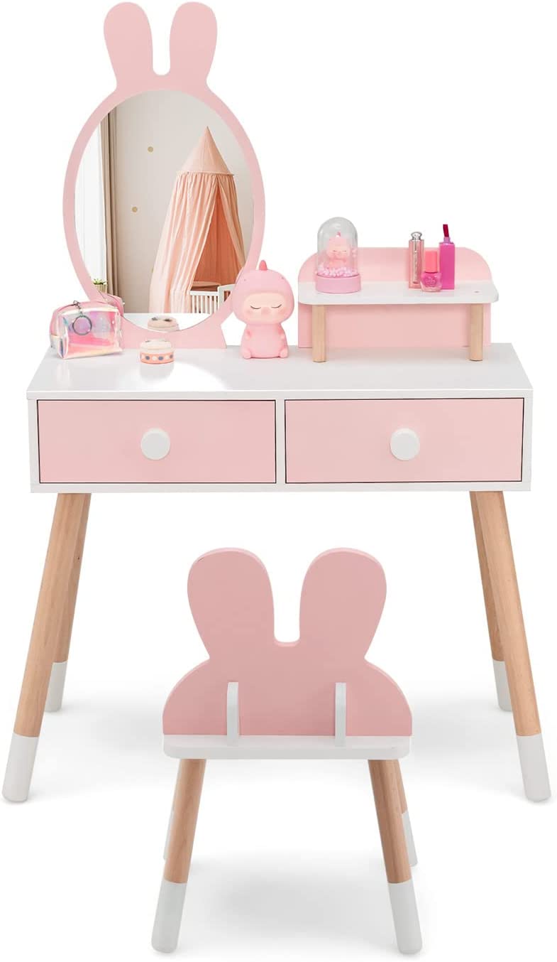Coiffeuse Enfant 2 En 1 Avec Miroir En Forme Lapin,table De Maquillage En Bois Avec Tabouret Mignon