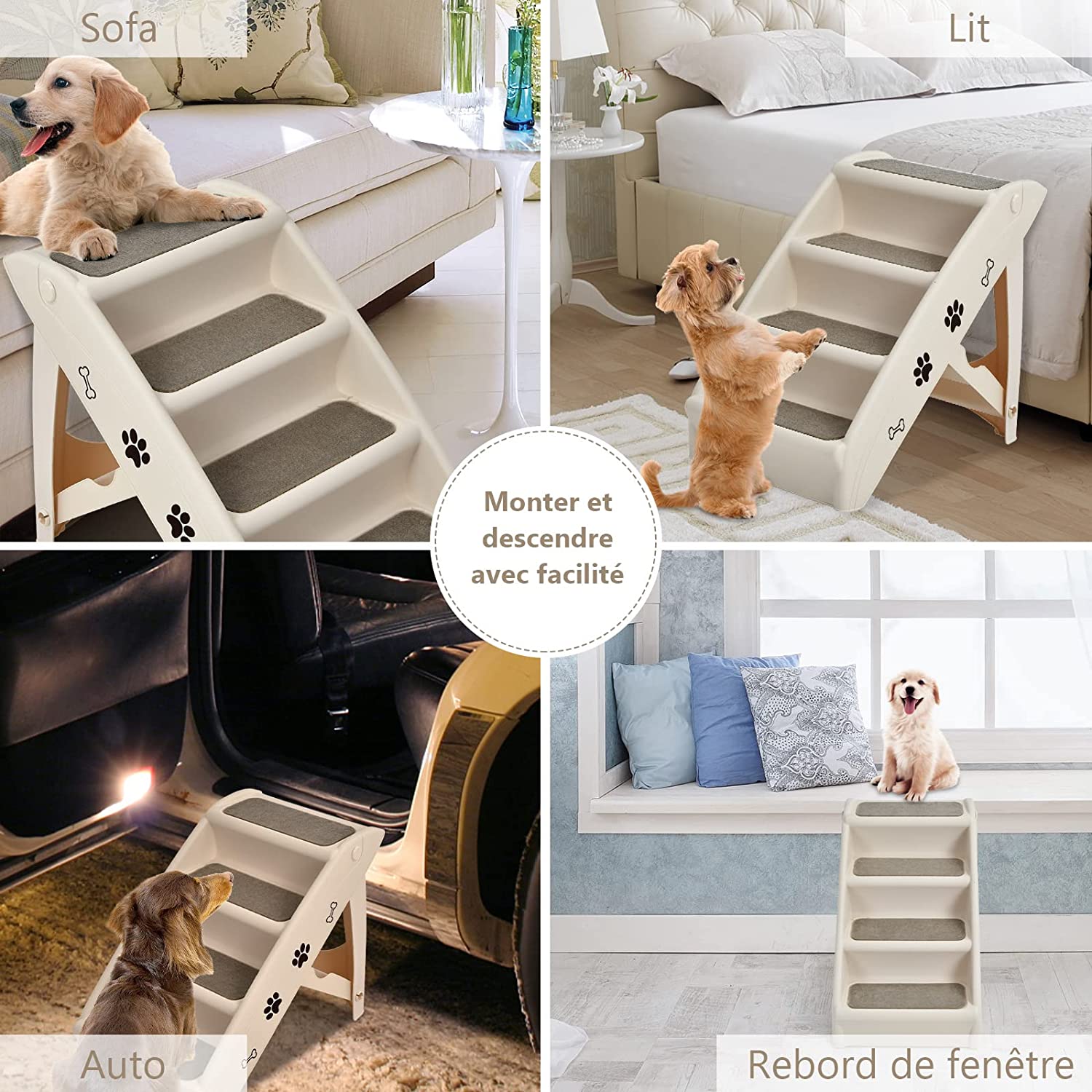 Escalier Pour Chien Pliant À 4 Marches En Plastique Charge 60kg 64 X 39 X 49 Cm