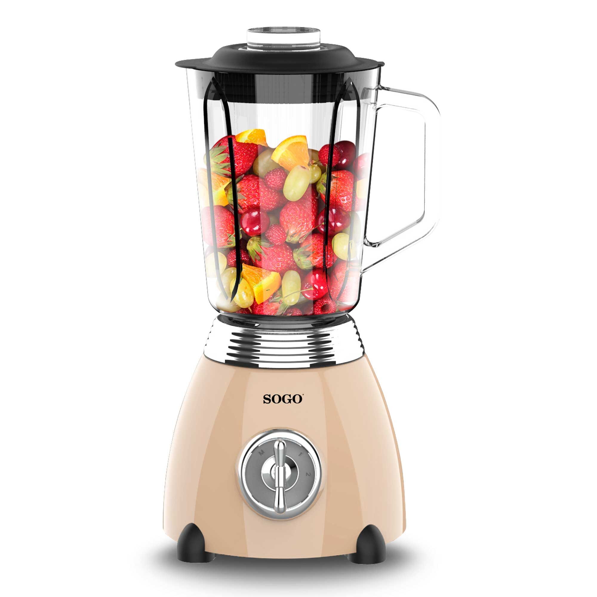 SOGO Frullatore in Vetro 1,5L con Corpo in Acciaio Inox e Design Retrò Beige, 2 Velocità, Lame in Acciaio, Funzione Tritaghiaccio