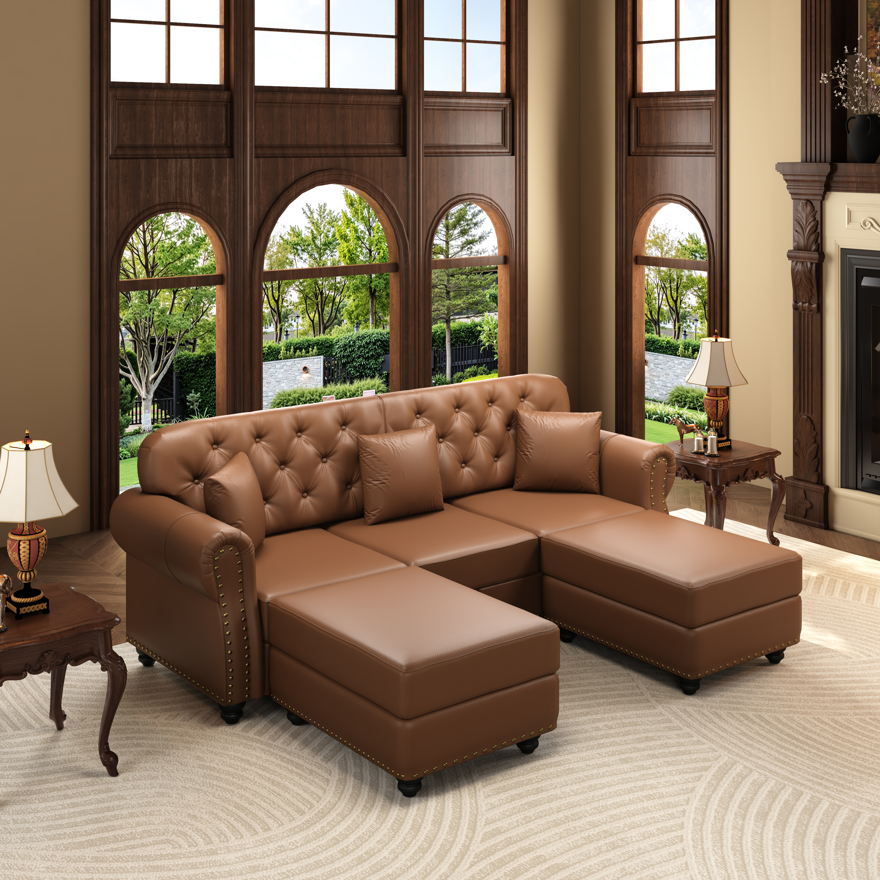 Canapé style Chesterfield 3 places + 2 poufs en revêtement simili cuir marron, 210 cm