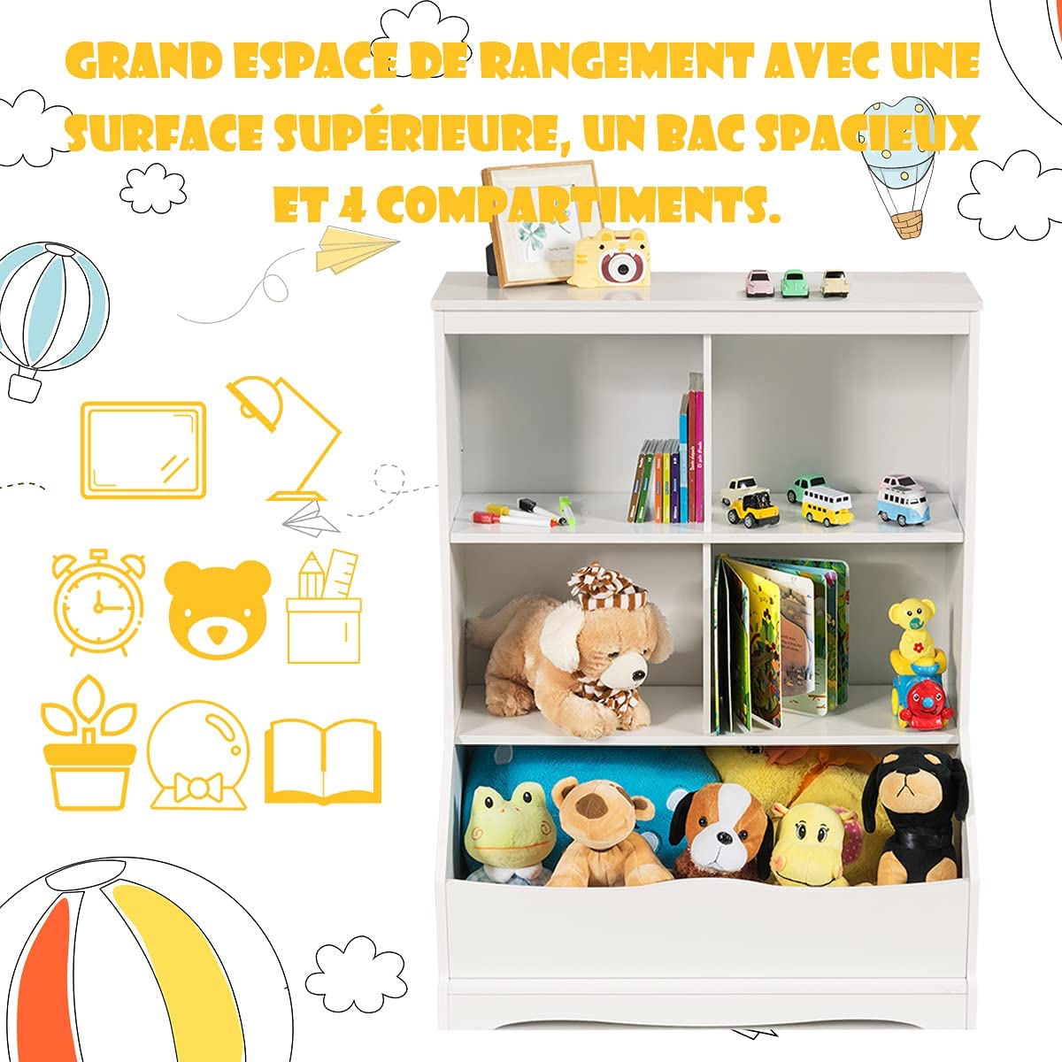 Meuble De Rangement Pour Jouets À 3 Niveaux Avec 4 Compartiments Ouverts