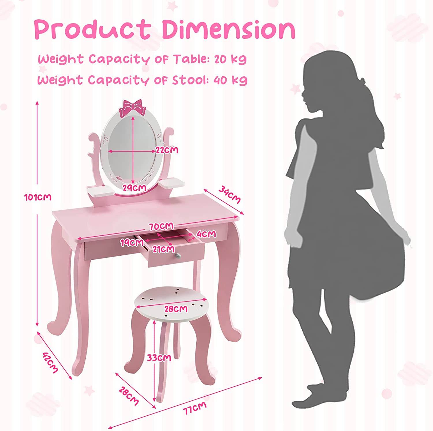Coiffeuse Pour Enfant Avec Tabouret, Table Maquillage En Bois Avec Miroir Rotatif Ovale