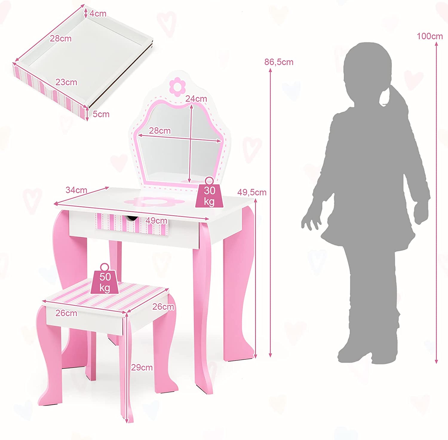 Coiffeuse Pour Enfants Avec Miroir Et Tabouret En Bois - Style Princesse Cadeau Pour Filles Rose