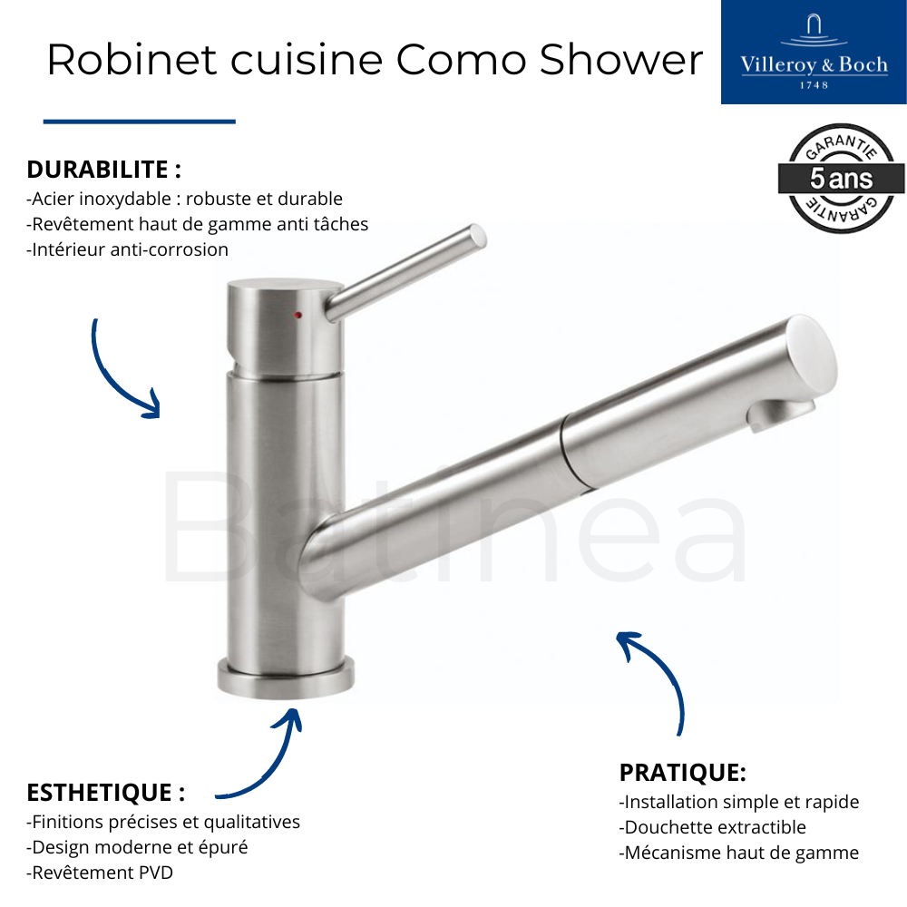 Robinet Cuisine Como Shower Basse Pression, Acier Massif