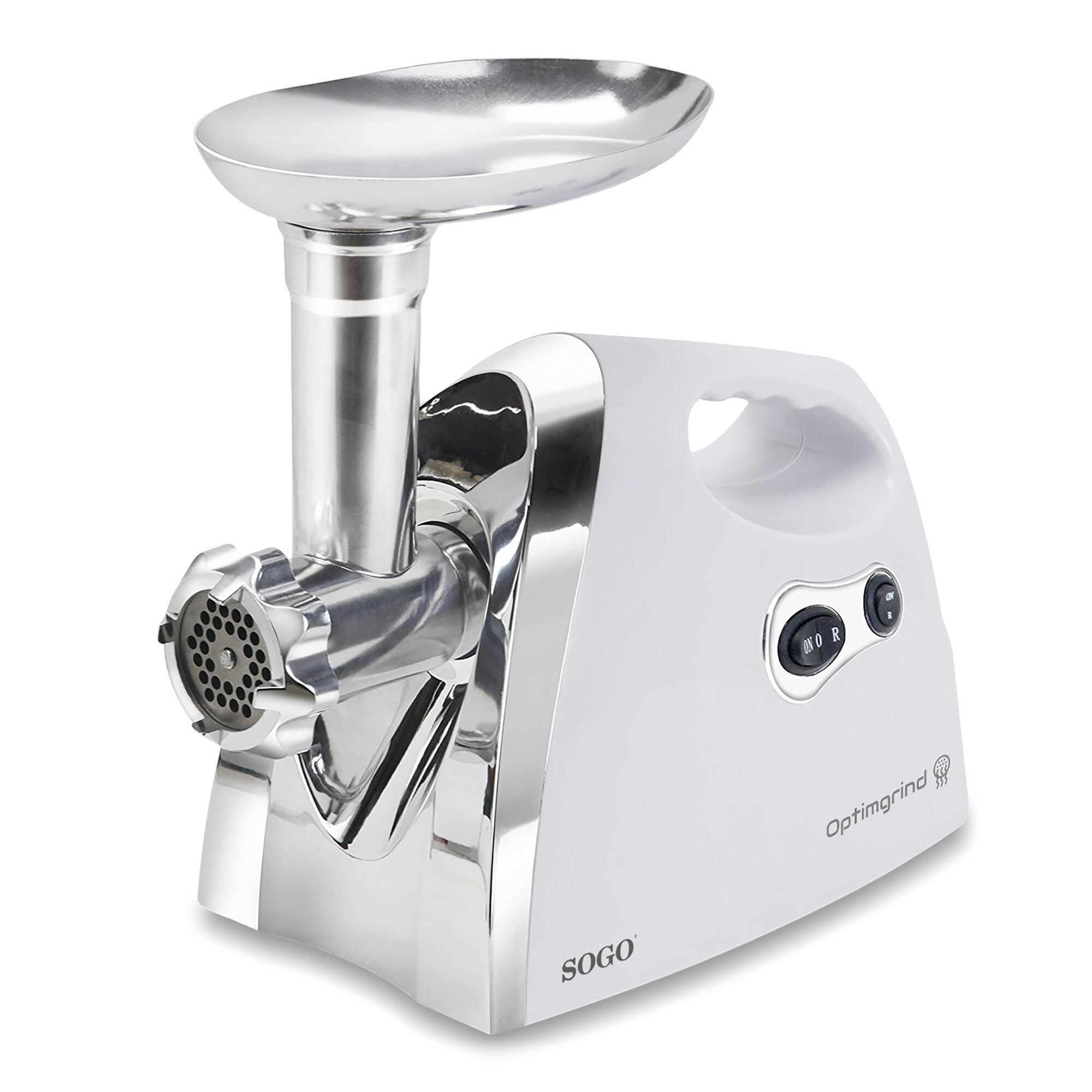 Image of SOGO Tritacarne Elettrico 1200W – Lame in Acciaio Inox, 3 Dischi di Taglio, Funzione Inversa, Sicurezza Avanzata, Contenitore in Plastica, Bianco.