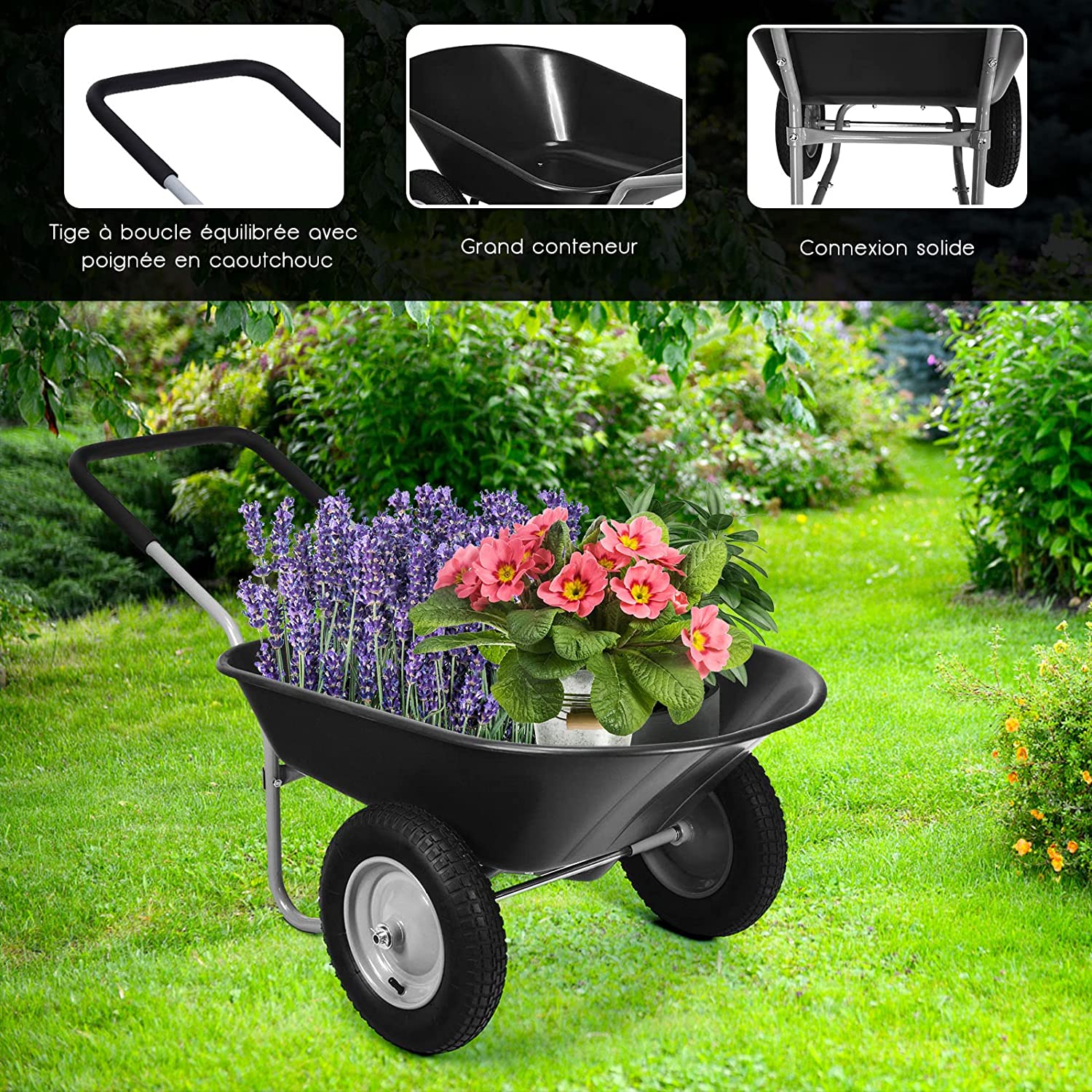 Brouette De Jardin 2 Roues Pneus Pneumatiques Ø35cm 141l Charge Max 150kg Résistante
