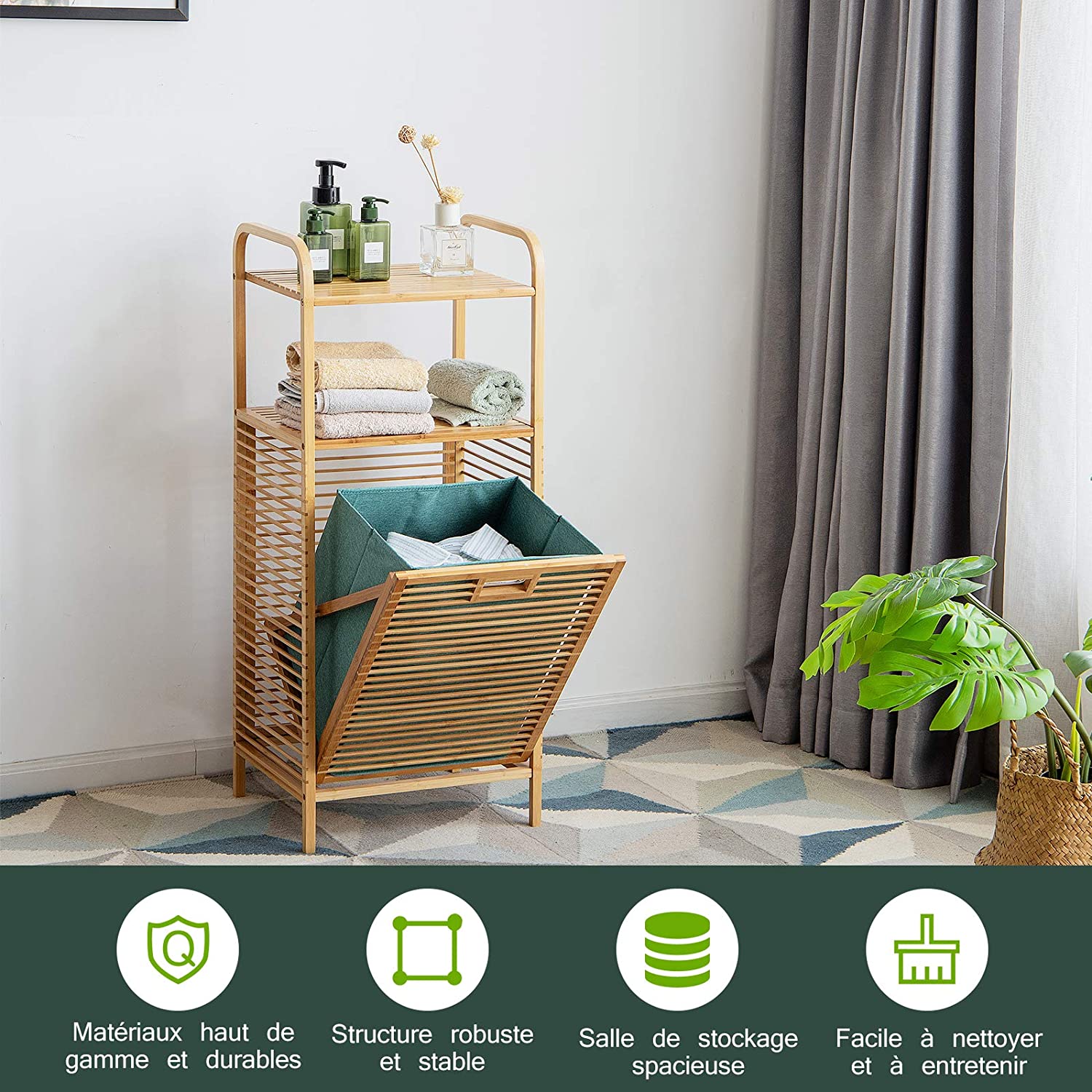 Costway Panier De Linge En Bambou Avec Corbeille En Tissu Oxford Inclinable Et Amovible 2 Etagères