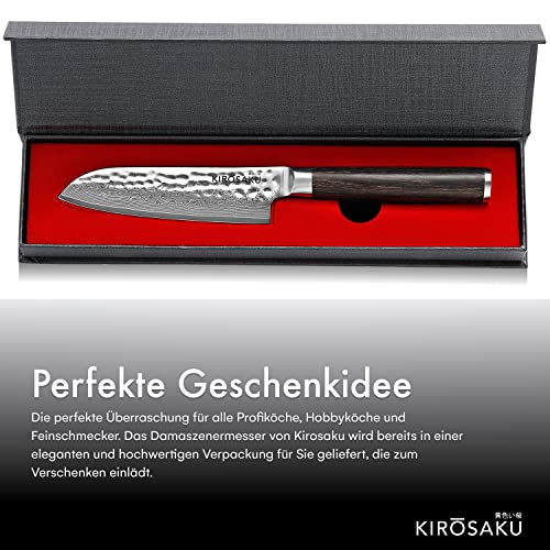 Kirosaku Santoku Damas - Couteau Damas Avec Manche En Bois De Pakka Véritable - Couteau Professionnel Avec Boîte Cadeau