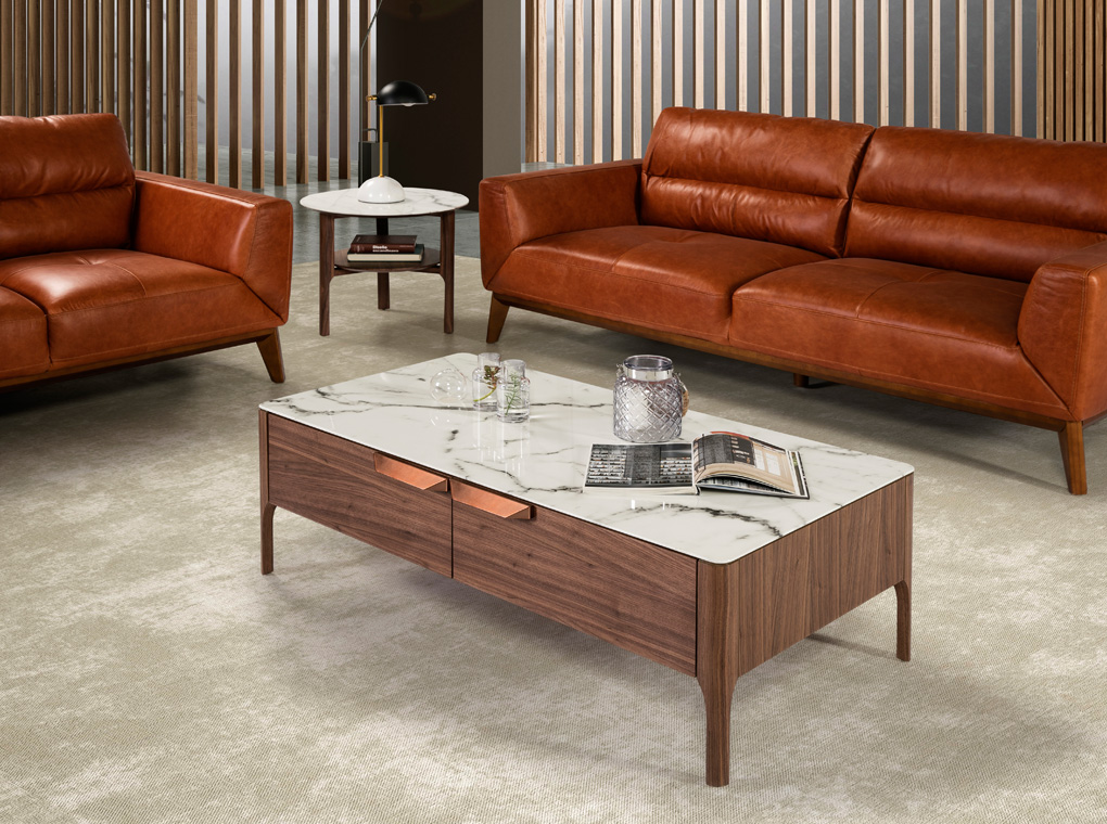 Table Basse En Fibre De Verre Effet Bois De Noyer Et Marbre
