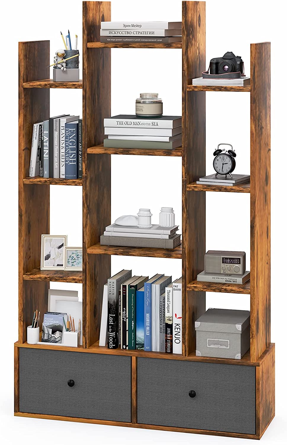 Bibliothèque Sur Bureau COSTWAY 5 Compartiments - Étagère Écran 27 Pouces Avec Anti-basculement, 25 X 94 X 74 Cm Marron Rustique